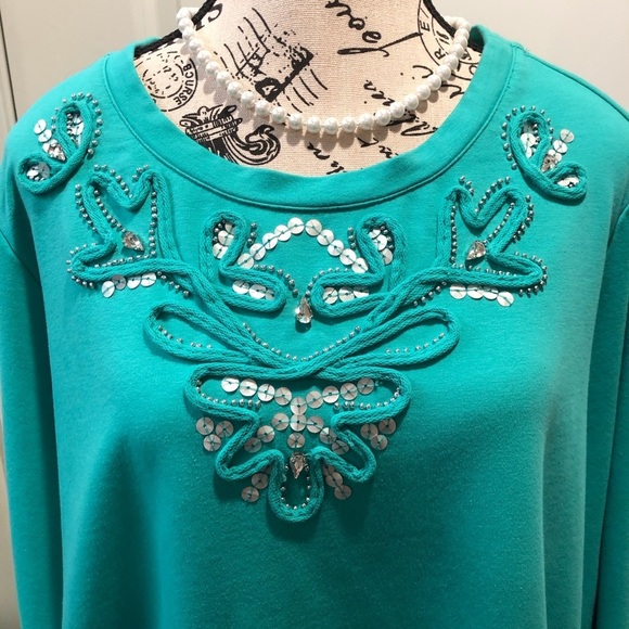 Susan Graver Artisan 2X Turquoise Green Blouse L/S Studded, Sequins, Rhinestones - Picture 3 of 6